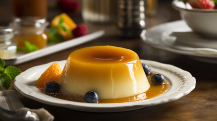 Coconut flan: A dessert made with a creamy coconut custard and caramelized sugar, often served with whipped cream and fresh fruit. Generative AI Art Illustration