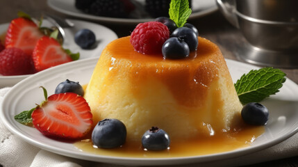 Coconut flan: A dessert made with a creamy coconut custard and caramelized sugar, often served with whipped cream and fresh fruit. Generative AI Art Illustration