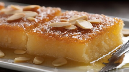 Basbousa: A Middle Eastern dessert made with semolina flour, yogurt, and honey syrup, often flavored with rosewater or orange blossom water. Generative AI Art Illustration