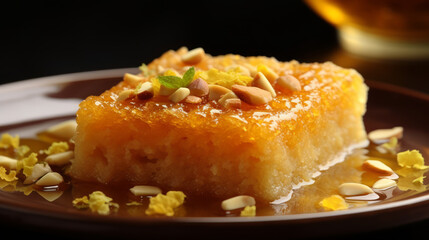 Basbousa: A Middle Eastern dessert made with semolina flour, yogurt, and honey syrup, often flavored with rosewater or orange blossom water. Generative AI Art Illustration