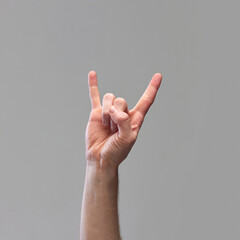 Male hand showing gesture of rock and roll, Hook 'Em Horns against grey background. Having good...