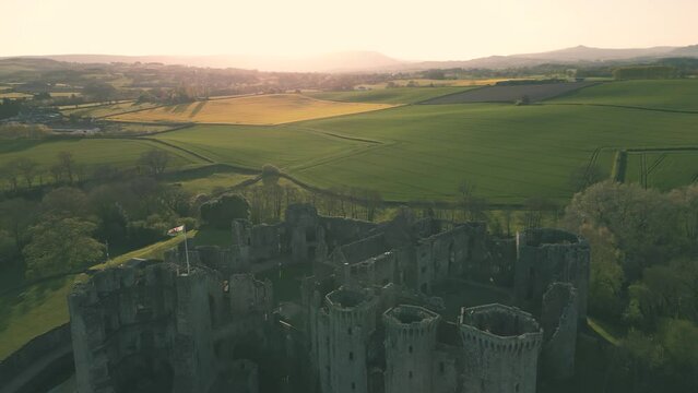 Aerial view of the ancient castle ruins of Raglan Castle, Wales