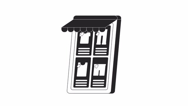 Online fashion app bw animation. Animated smartphone 2D flat monochromatic thin line object. Sell clothes online on mobile app 4K video concept footage with alpha channel transparency for web design