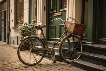 Plakat Retro bicycle with a basket at the entrance of an apartment building in a European city. Photorealistic illustration generative AI.