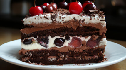 Black Forest cake: A German dessert made with layers of chocolate cake, whipped cream, and cherries. Generative AI Art Illustration