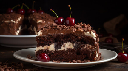 Black Forest cake: A German dessert made with layers of chocolate cake, whipped cream, and cherries. Generative AI Art Illustration