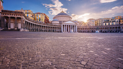 Fototapeta premium Naples, Italy. Cityscape image of Naples, Italy with the view of large public town square Piazza del Plebiscito at sunset.