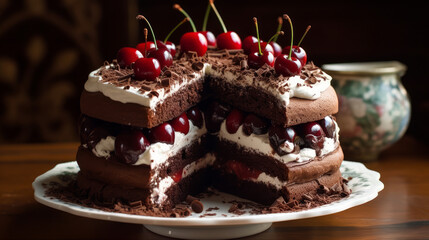 Black Forest cake: A German dessert made with layers of chocolate cake, whipped cream, and cherries. Generative AI Art Illustration