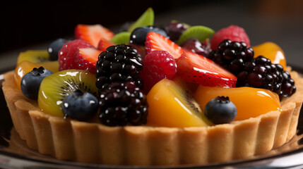 Fruit tart: A dessert made with a shortbread crust filled with pastry cream and topped with fresh fruit.. Generative AI Art Illustration