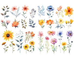 Schilderijen op glas Set of watercolor flowers on white background © mangolovemom