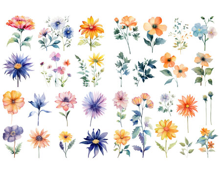 Set of watercolor flowers on white background