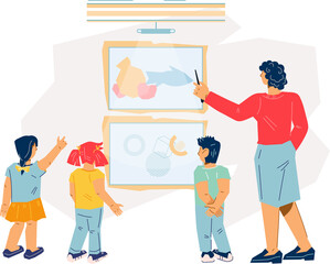 Children with museum guide in art gallery. Kids studying painting in museum.