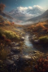 Obraz na płótnie Canvas Autumn landscape with river and mountains, generative ai