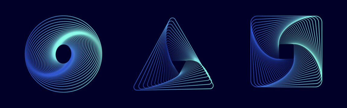 Set of abstract swirling symbols. Technology glowing colored sphere, triangle and square. Twisted wireframe tunnel. Curved blue shape.