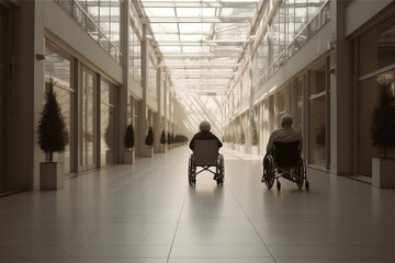 Back of two european senior couple in wheelchair at mall. Generative AI.