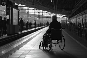 Obraz premium Back of senior woman in wheelchair at train station. Generative AI.