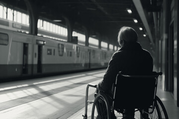 Obraz premium Back of senior woman in wheelchair at train station. Generative AI.