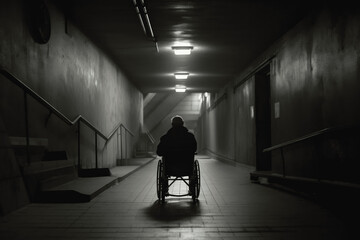 Back of senior man in wheelchair at dark tunnel underground. Generative AI.