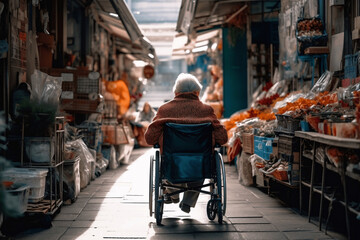 Obraz na płótnie Canvas Back of senior woman in wheelchair at city market. Generative AI.