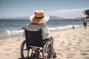 Back of woman in hat sit wheelchair on the beach at sea. Disability concept. Generative AI.