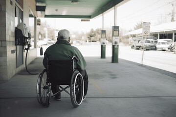 Fototapeta na wymiar Back of senior man in wheelchair at gas station. Generative AI.