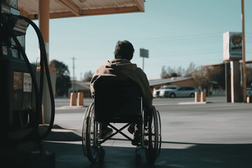 Obraz premium Back of man in wheelchair at gas station. Generative AI.