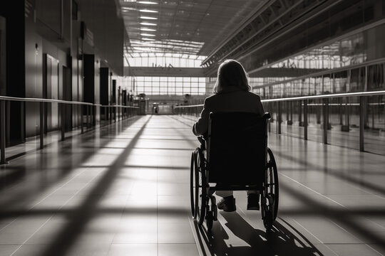 Back Of Woman Sitting In Wheelchair At Airport. Black And White. Generative AI.