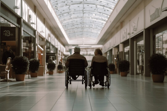 Back of two european senior couple in wheelchair at mall. Generative AI.