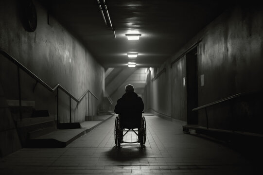 Back of senior man in wheelchair at dark tunnel underground. Generative AI.