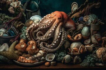 Assortment of scrumptious sea creatures. Generative AI