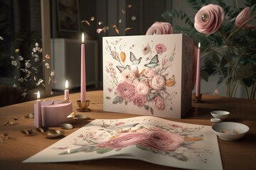 3d graphics for use in birthday cards and wedding invitations. Created with 3d rendering. Generative AI