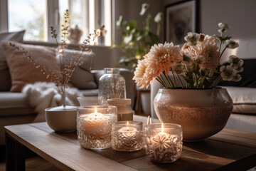 Fototapeta premium Burning aroma candles and a bouquet of flowers in a vase on a coffee table in a modern bright living room. Photorealistic illustration generative AI.