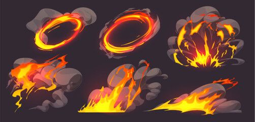 Game effect of fire, flame animation with smoke clouds. Comic blast, bomb explosion, magic burst with yellow fire splashes and smoke, vector cartoon illustration - obrazy, fototapety, plakaty