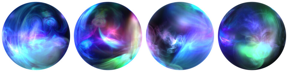 Set of four gas planets or crystal balls containing glowing smoke or plasma. PNG format with transparency.