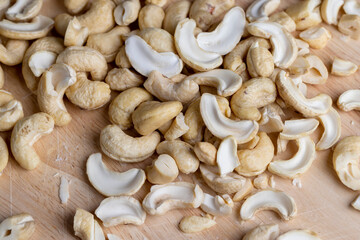 Fresh peeled cashew nuts on the table