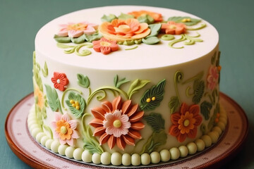 A cake with flowers Vintage cakes and desserts AI generation - obrazy, fototapety, plakaty