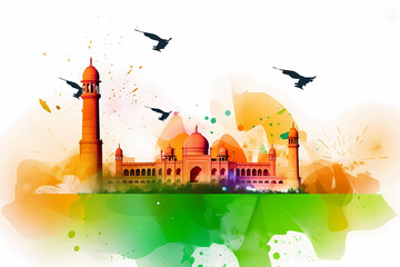 india independence day A colorful colored cityscape with a mosque in the foreground. AI generation - obrazy, fototapety, plakaty