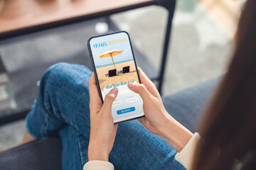 Hands holding smartphone with application booking flight travel search ticket holiday and hotel on website, concept technology online marketing and promotion. - obrazy, fototapety, plakaty