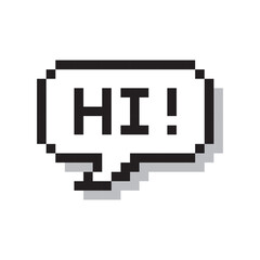 Hi in speech bubble 8 bit pixel art on white background vector illustration.