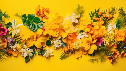 Summer Yellow Sunflowers, daisy flowers and knapweeds flowers Border surrounding on a bright yellow background, Flower Border Art. Papercut origami art. Generative ai