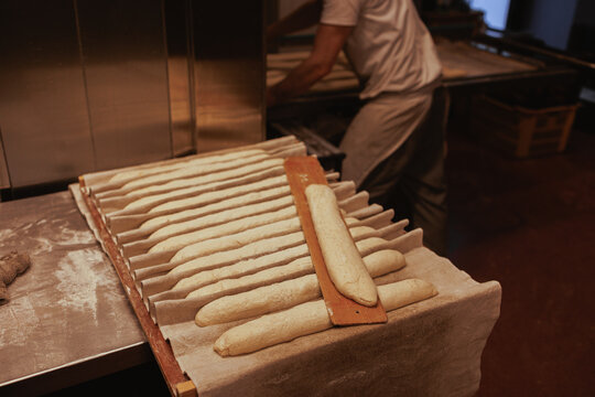 Organic baguette bread in bakery
