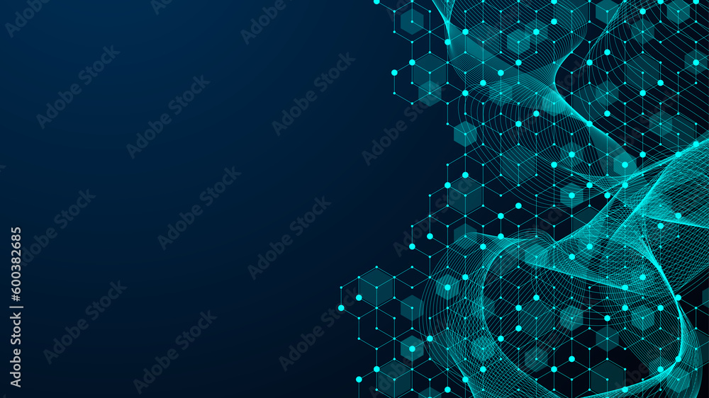 Poster Modern scientific abstract background with hexagon shapes, lines and dots. Innovation concept design with hexagons and wave flow. Molecular structure idea. Geometric pattern, illustration