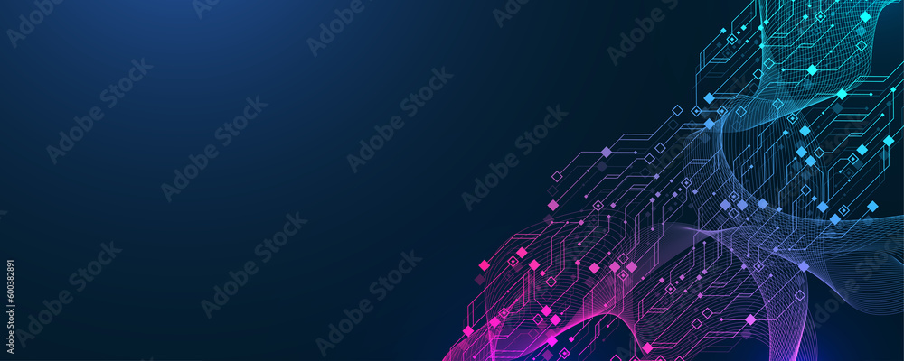 Fototapete Quantum computer technologies concept. Futuristic blue circuit board background. Modern technology circuit board texture background design. Waves flow. Quantum explosion technology, illustration
