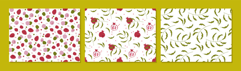 Pomegranate backgrounds. Three pattern fruit collection. Abstract Seamless pattern with pomegranate, leaf, abstract spots hand drawn sketch. Backgrounds for textile, wrapping, wallpaper, cover, print.