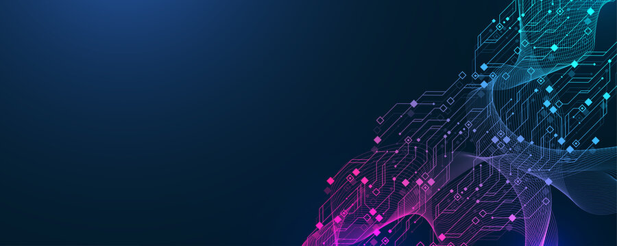 Quantum computer technologies concept. Futuristic blue circuit board background. Modern technology circuit board texture background design. Waves flow. Quantum explosion technology, illustration