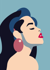 Elegant romantic brunette retro woman portrait fashion beauty pop art poster vector flat