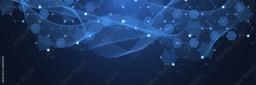 Fototapete Modern scientific abstract background with hexagon shapes, lines and dots. Innovation concept design with hexagons and wave flow. Molecular structure idea. Geometric pattern, illustration