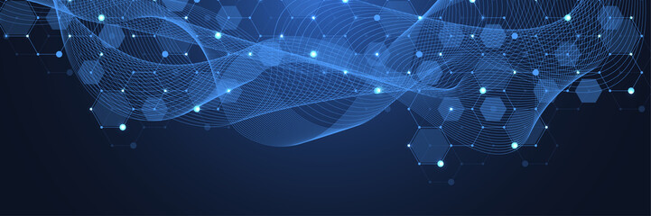 Obraz premium Modern scientific abstract background with hexagon shapes, lines and dots. Innovation concept design with hexagons and wave flow. Molecular structure idea. Geometric pattern, illustration