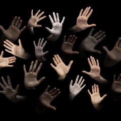 Freedom and humanity. Human hands, palms of different people of diverse gender, race and skin color appearing over black background. Human relation, community, togetherness, symbolism, culture concept - obrazy, fototapety, plakaty