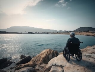 Fototapeta premium travel for people with disabilities. back view of a man in a wheelchair looking at the sea. AI generative